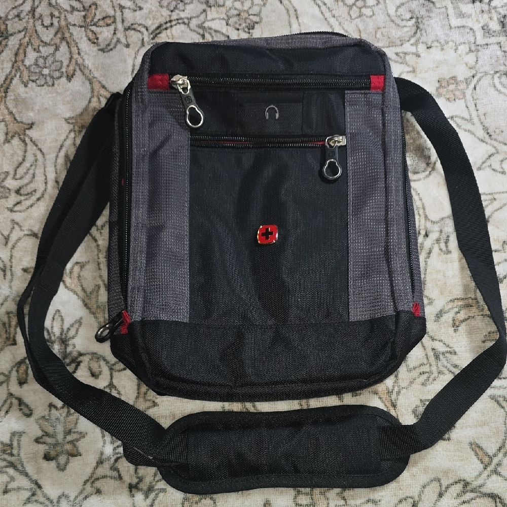 SwissGear Black and Gray Messenger Bag with Red Details